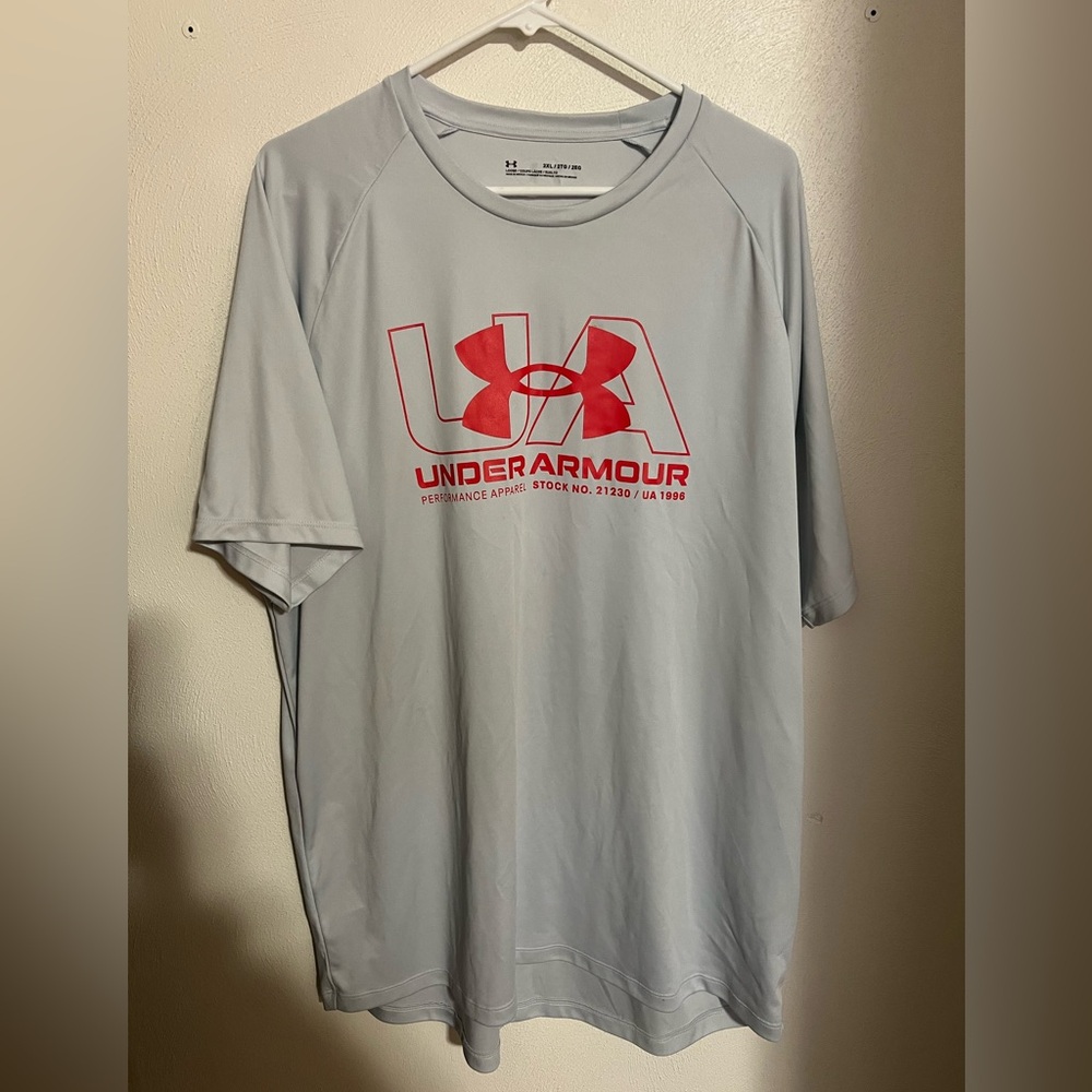 UNDER ARMOUR Classic Quick Dry Casual Athletic Graphic T Shirt Grey Red Mens 2XL